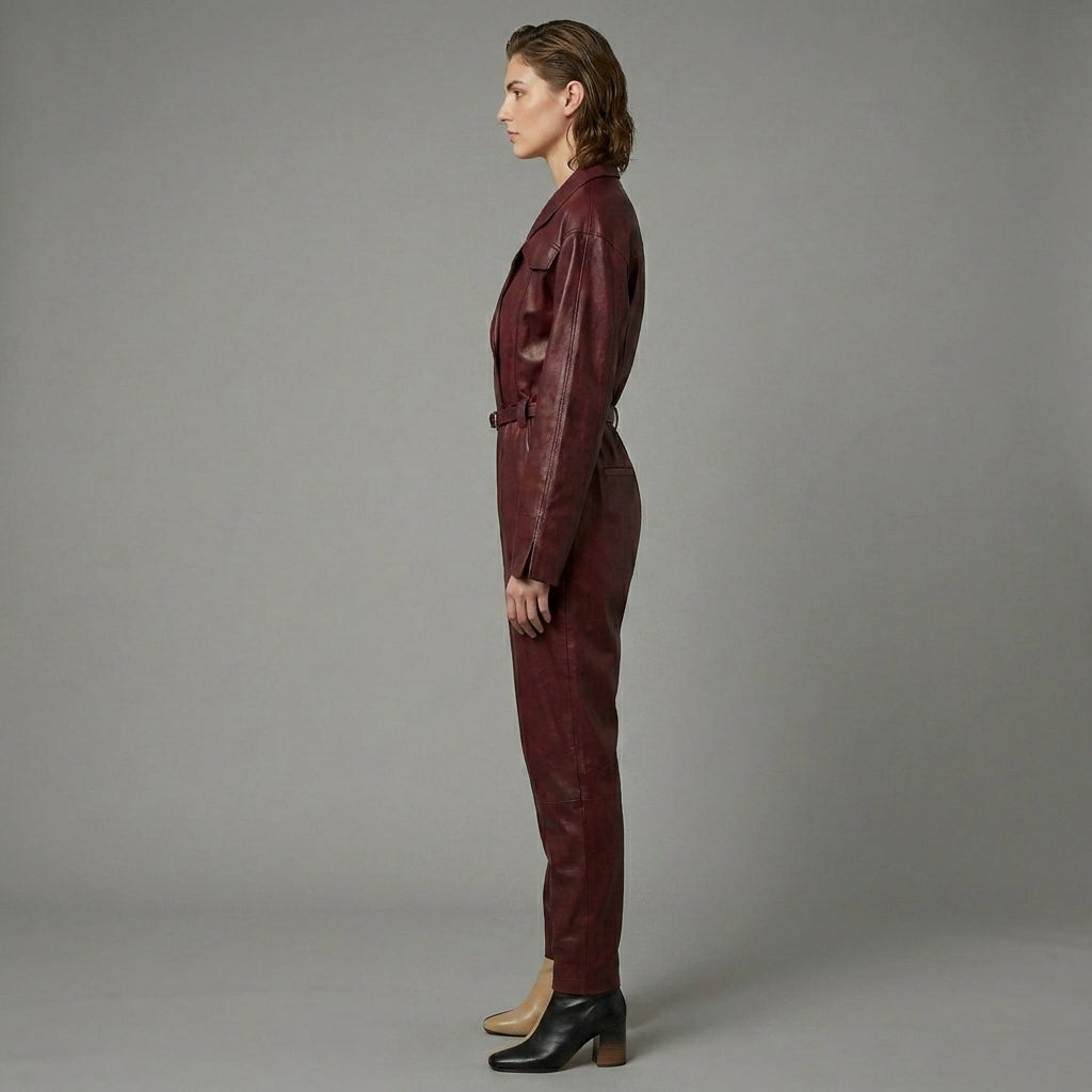 Two-Tone Boots Styled Leather Jumpsuit for Women