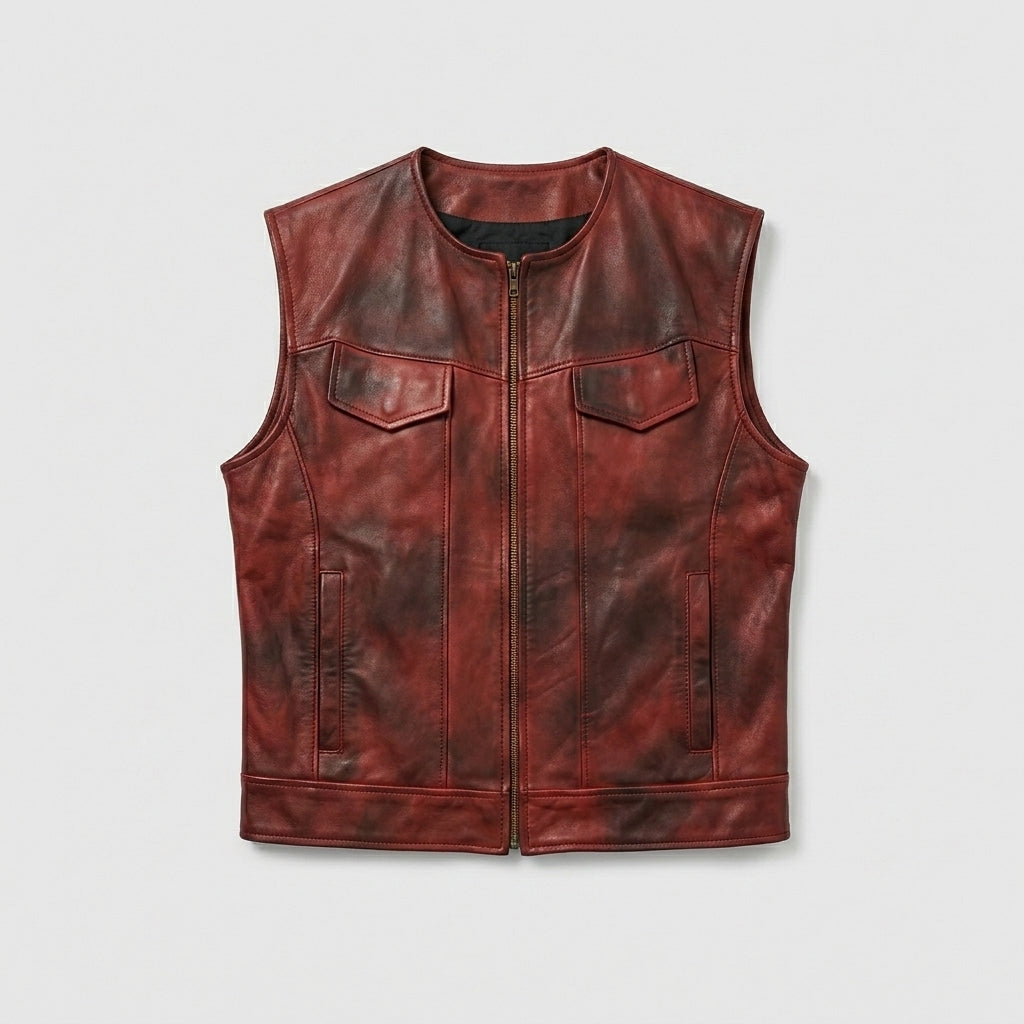 Men’s Vintage Red Leather Biker Vest