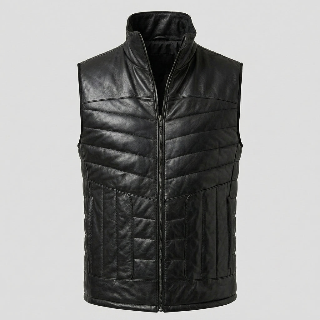 Men’s Black Quilted Leather Puffer Vest