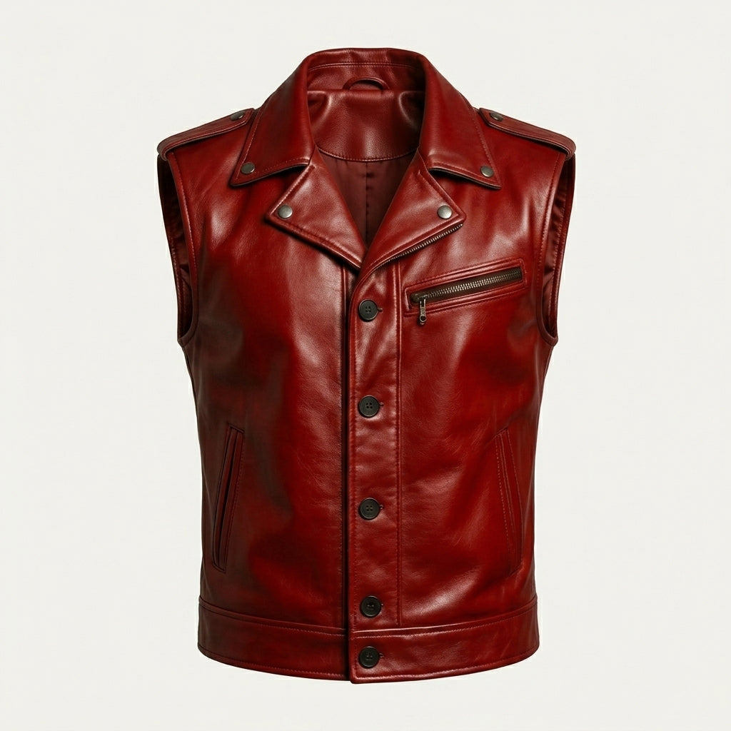Men’s Red Genuine Leather Biker Vest