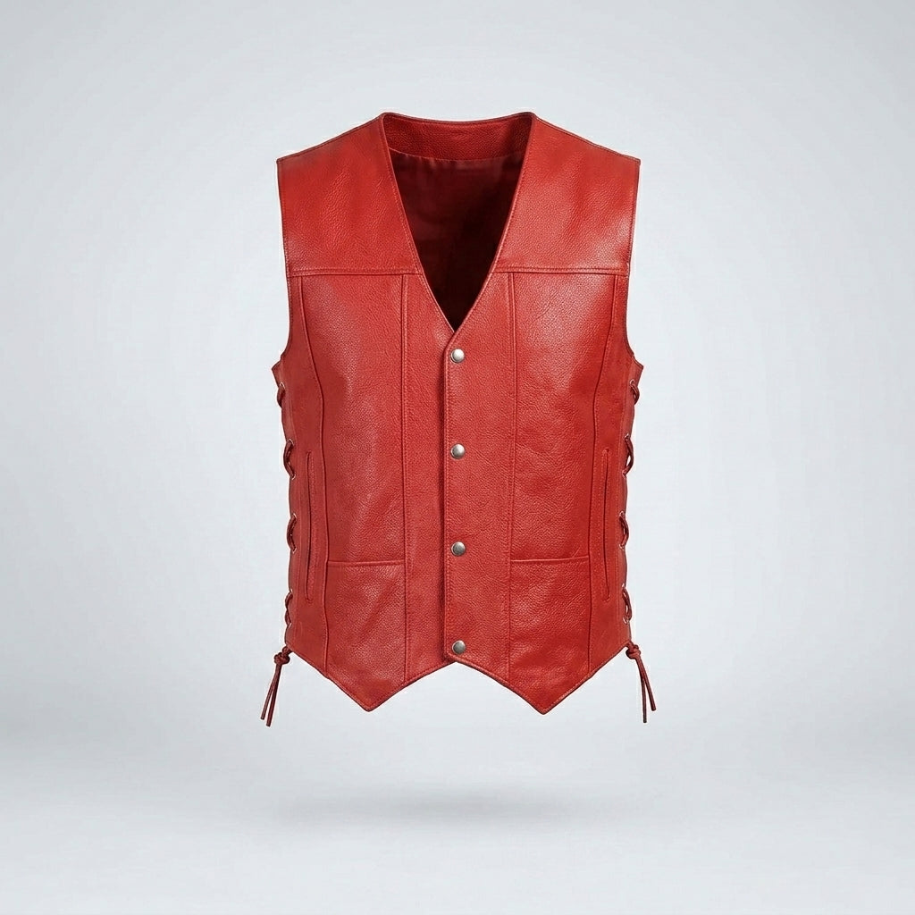 Men’s Red Leather Motorcycle Biker Vest
