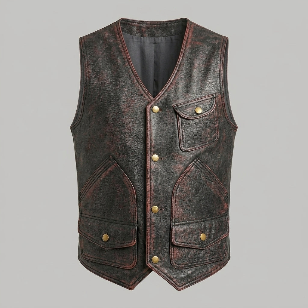 Men’s Vintage Black & Red Leather Vest