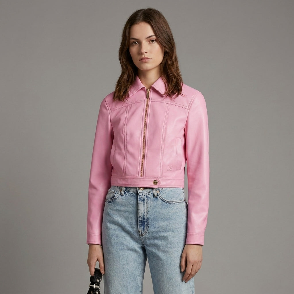 Women’s Baby Pink Barbie Summer Faux Leather Jacket