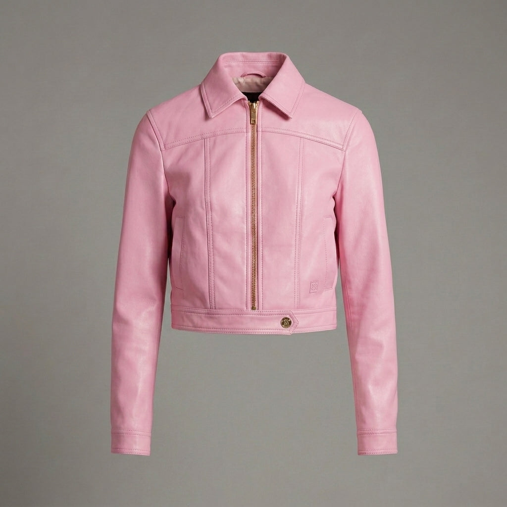 Women’s Baby Pink Barbie Summer Faux Leather Jacket