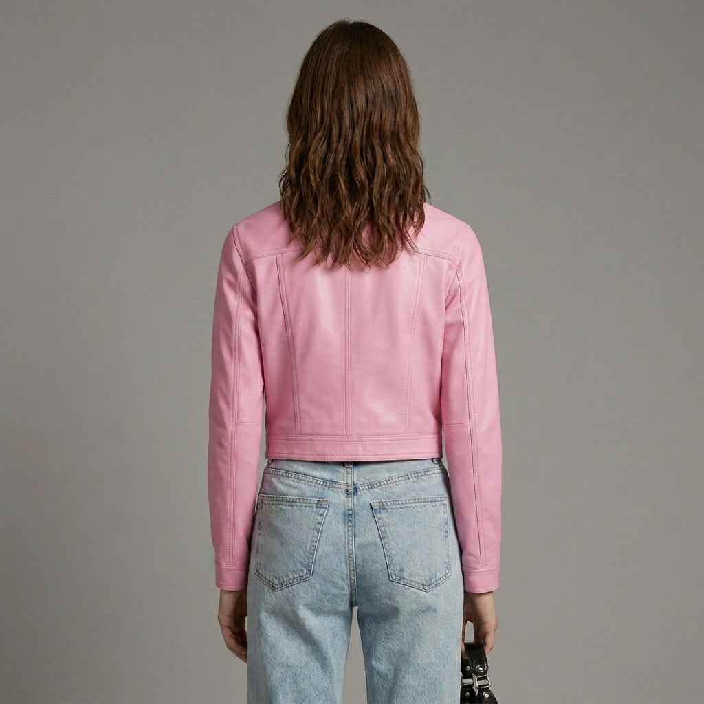 Women’s Baby Pink Barbie Summer Faux Leather Jacket