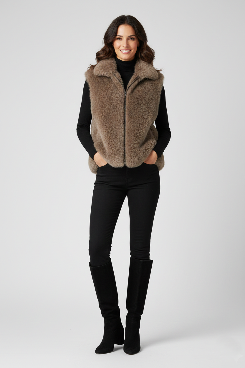 Women’s Beige Faux Fur Zip-Up Vest