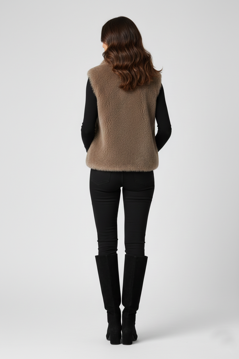 Women’s Beige Faux Fur Zip-Up Vest