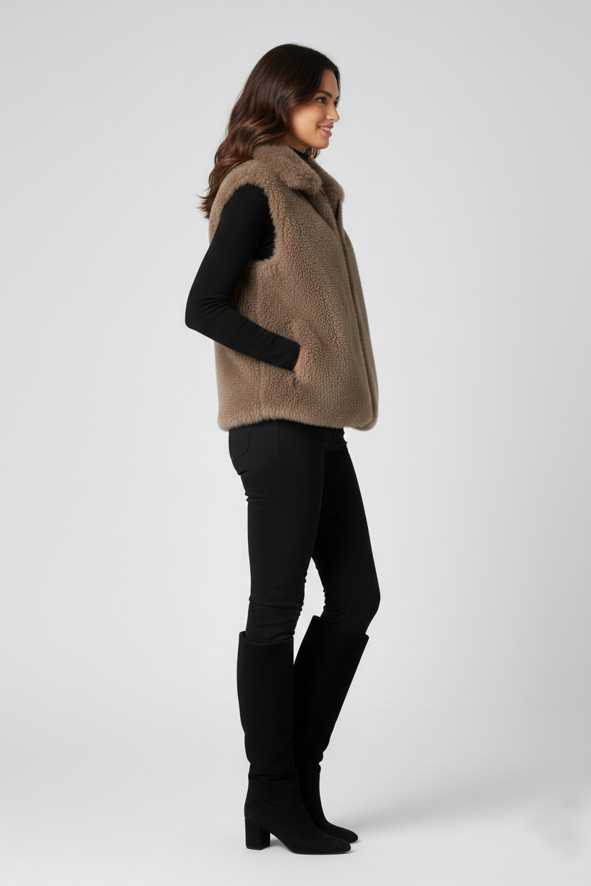 Women’s Beige Faux Fur Zip-Up Vest