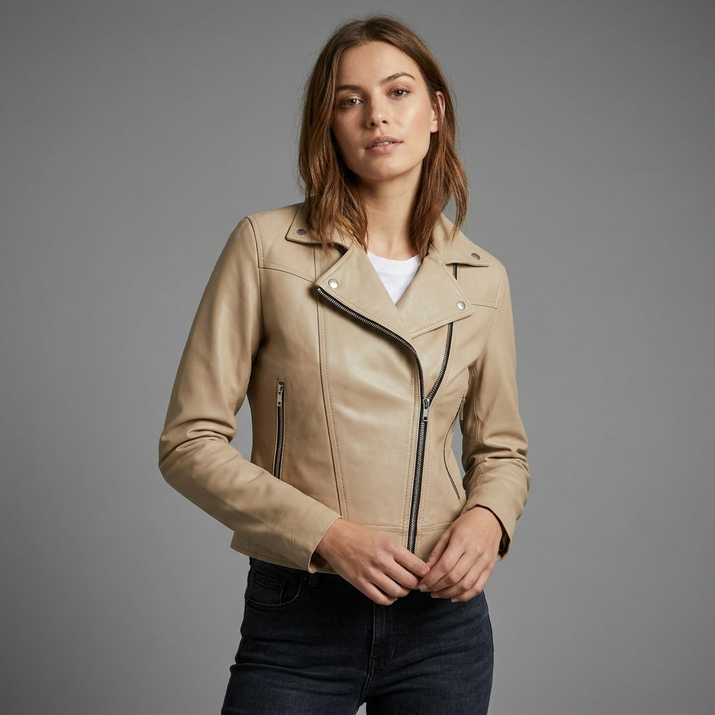 Women’s Beige Faux Leather Biker Jacke