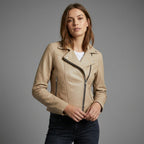 Women’s Beige Faux Leather Biker Jacke