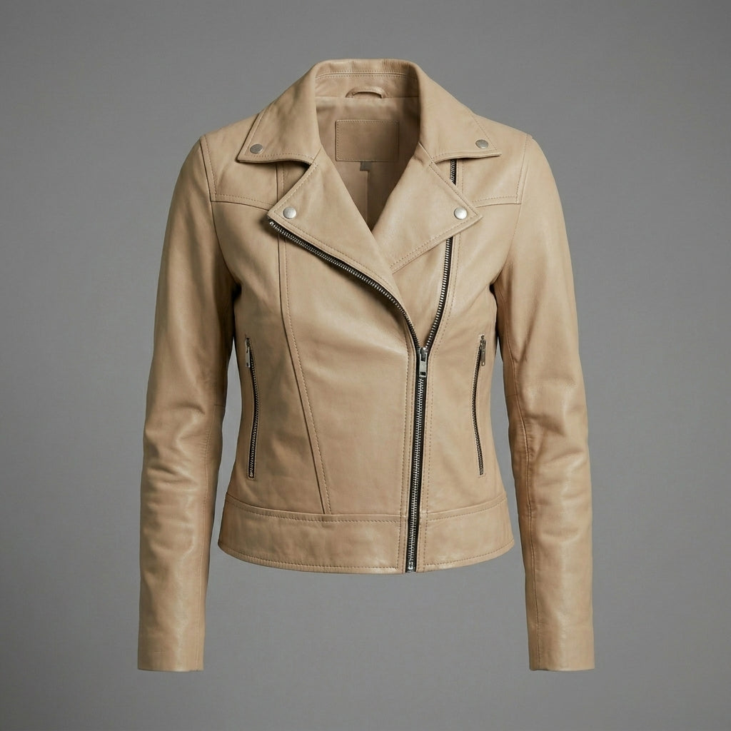 Women’s Beige Faux Leather Biker Jacke