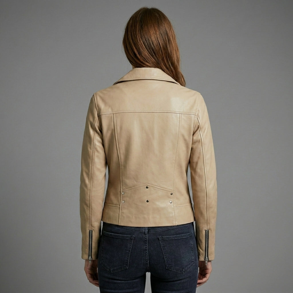 Women’s Beige Faux Leather Biker Jacke