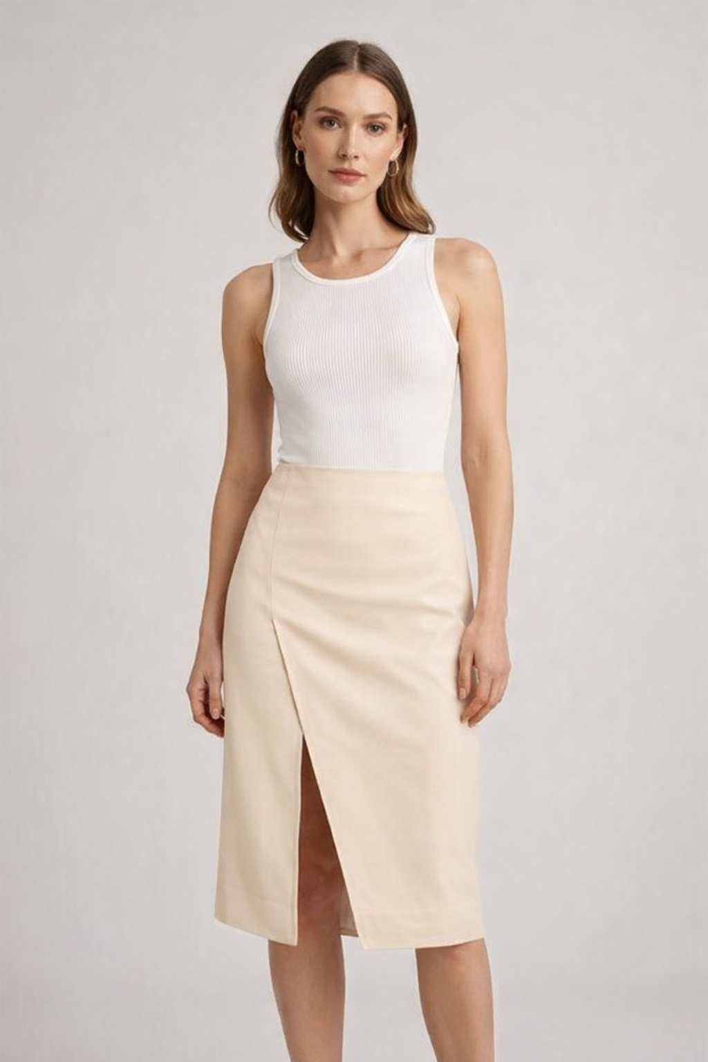 Women's Beige Front-Slit Corduroy Midi Skirt