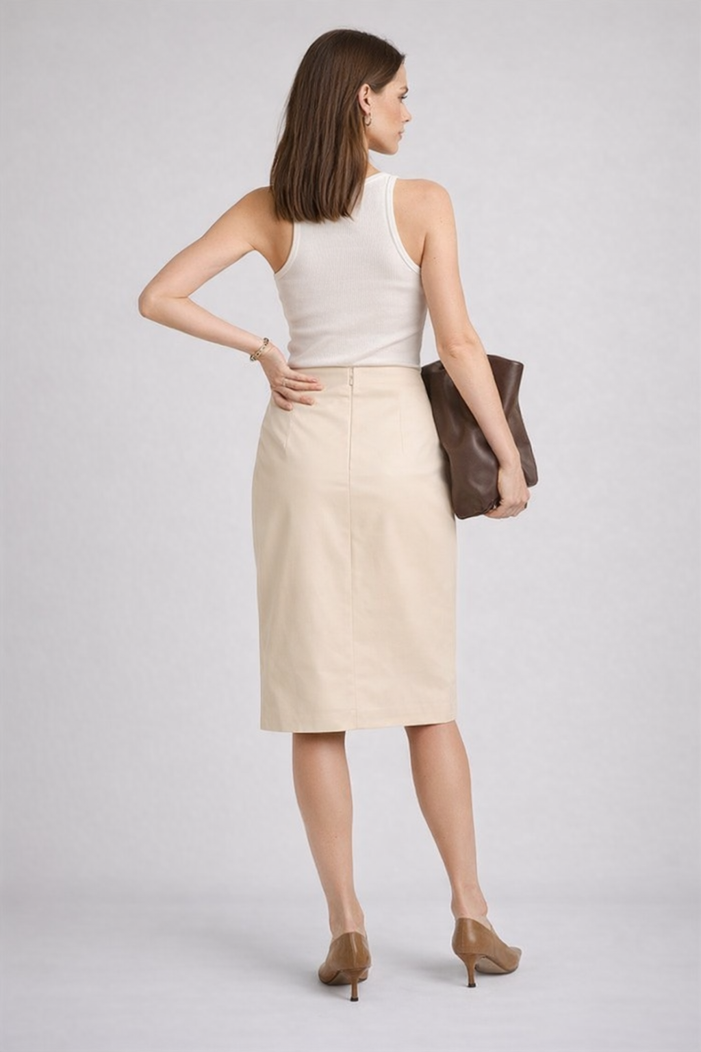 Women's Beige Front-Slit Corduroy Midi Skirt
