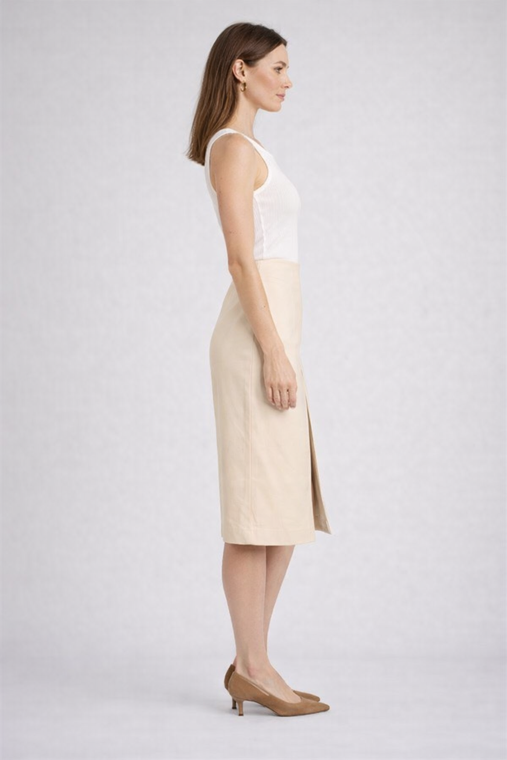 Women's Beige Front-Slit Corduroy Midi Skirt