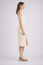 Women's Beige Front-Slit Corduroy Midi Skirt