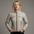 Women’s Beige Lambskin Cafe Racer Moto Leather Jacket