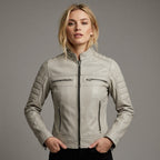 Women’s Beige Lambskin Cafe Racer Moto Leather Jacket
