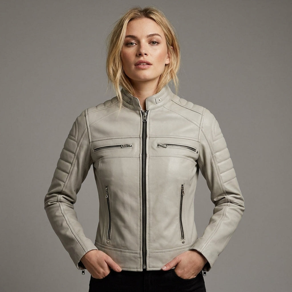 Women’s Beige Lambskin Cafe Racer Moto Leather Jacket