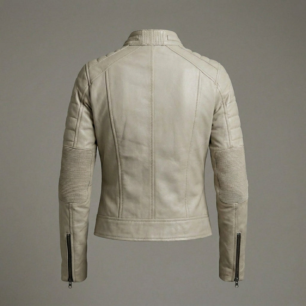 Women’s Beige Lambskin Cafe Racer Moto Leather Jacket