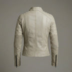 Women’s Beige Lambskin Cafe Racer Moto Leather Jacket
