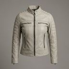 Women’s Beige Lambskin Cafe Racer Moto Leather Jacket
