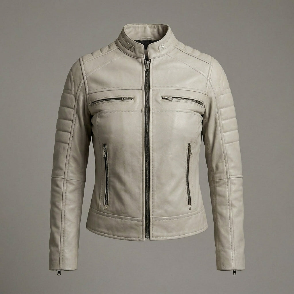 Women’s Beige Lambskin Cafe Racer Moto Leather Jacket