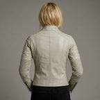 Women’s Beige Lambskin Cafe Racer Moto Leather Jacket
