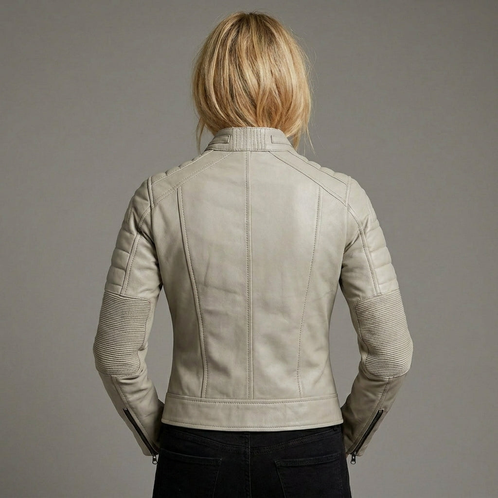 Women’s Beige Lambskin Cafe Racer Moto Leather Jacket