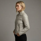 Women’s Beige Lambskin Cafe Racer Moto Leather Jacket