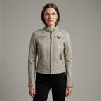 Women’s Beige Lambskin Leather Cafe Racer Moto Jacket