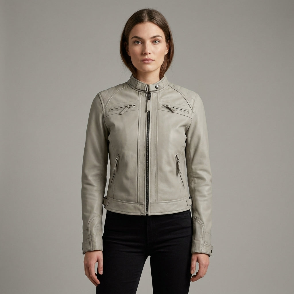 Women’s Beige Lambskin Leather Cafe Racer Moto Jacket