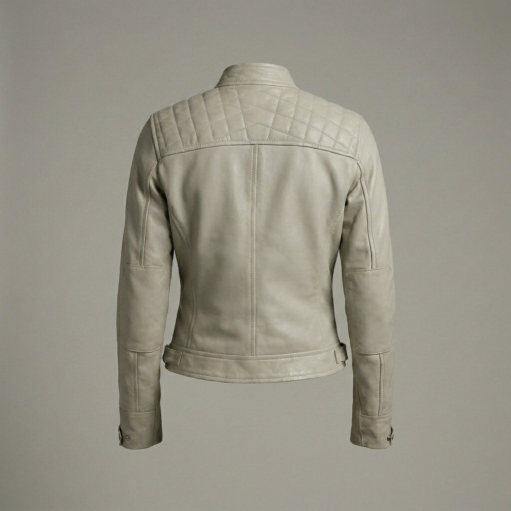 Women’s Beige Lambskin Leather Cafe Racer Moto Jacket