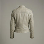 Women’s Beige Lambskin Leather Cafe Racer Moto Jacket