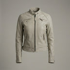 Women’s Beige Lambskin Leather Cafe Racer Moto Jacket