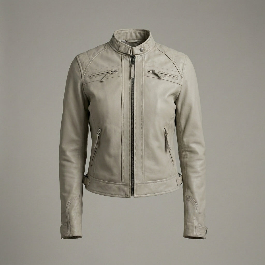 Women’s Beige Lambskin Leather Cafe Racer Moto Jacket