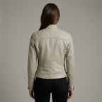 Women’s Beige Lambskin Leather Cafe Racer Moto Jacket
