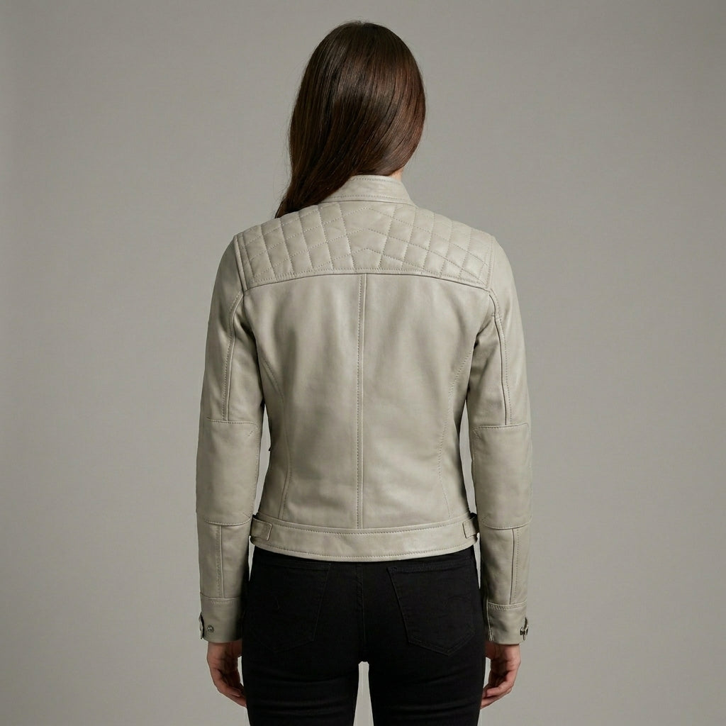 Women’s Beige Lambskin Leather Cafe Racer Moto Jacket