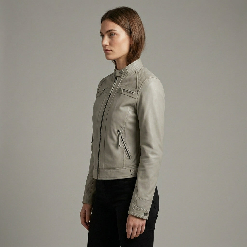 Women’s Beige Lambskin Leather Cafe Racer Moto Jacket