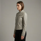 Women’s Beige Lambskin Leather Cafe Racer Moto Jacket