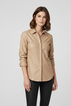 Women's Beige Faux Leather Shirt Jacket