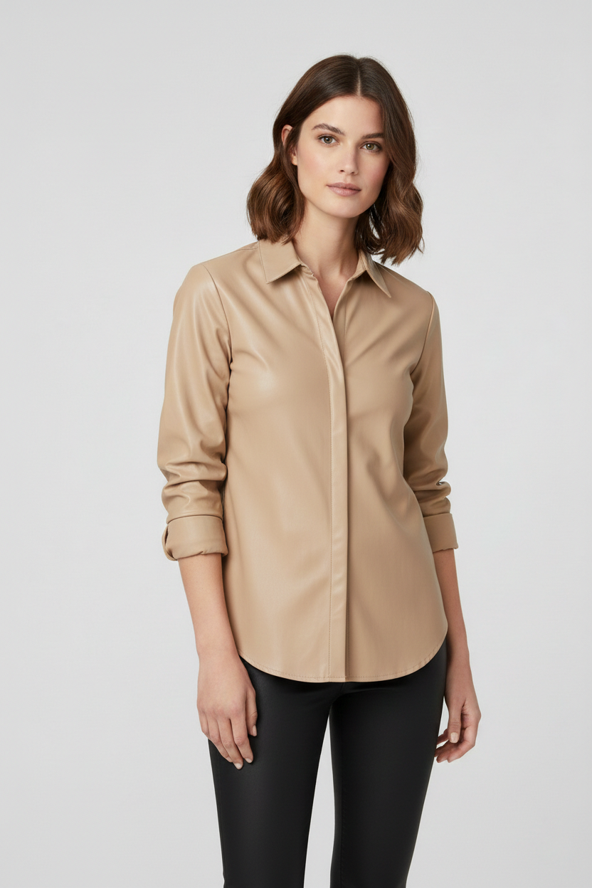Women's Beige Faux Leather Shirt Jacket