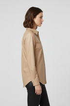 Women's Beige Faux Leather Shirt Jacket
