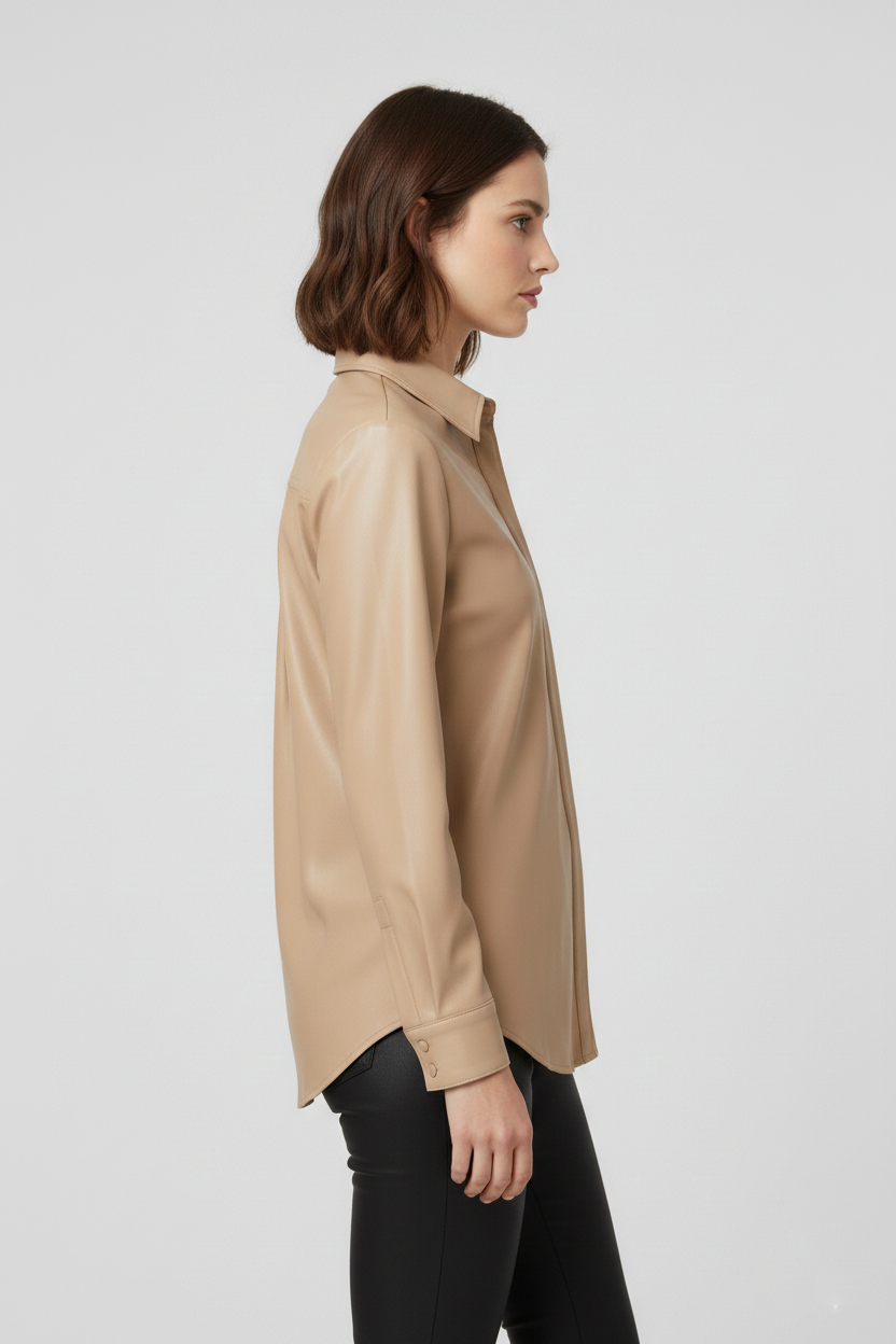 Women's Beige Faux Leather Shirt Jacket