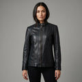 Women's Black Band Collar Premium Leather Biker Jacket