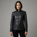 Women's Black Band Collar Premium Leather Biker Jacket