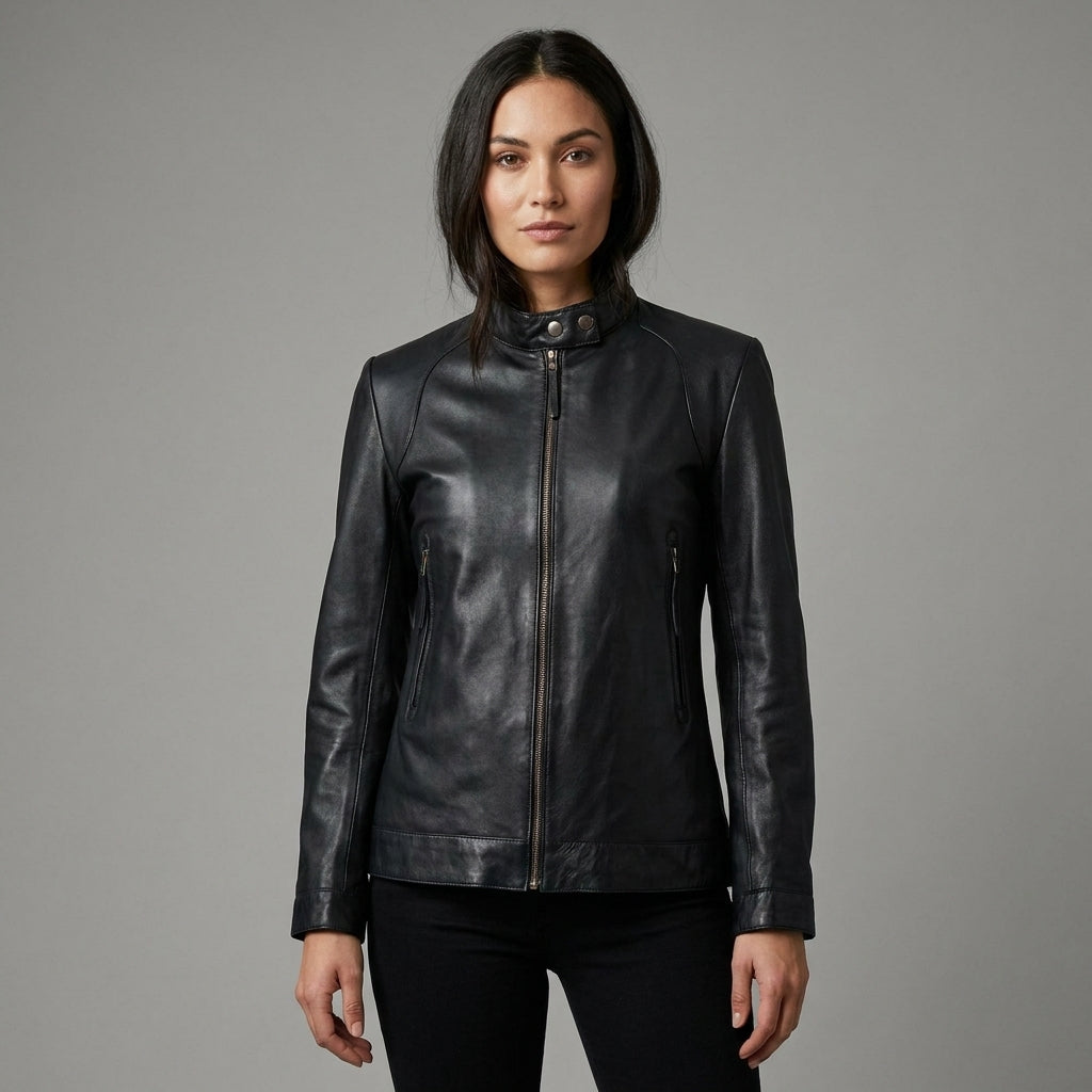 Women's Black Band Collar Premium Leather Biker Jacket