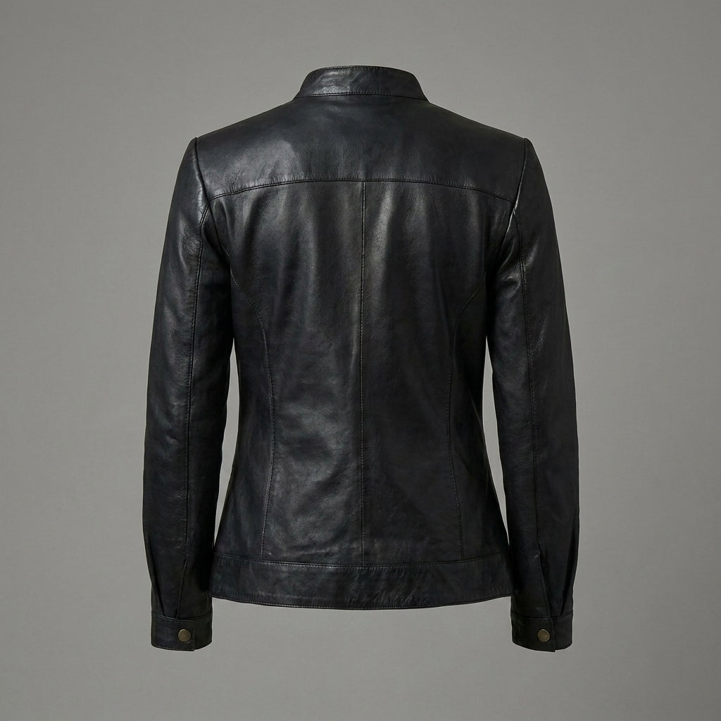 Women's Black Band Collar Premium Leather Biker Jacket