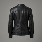 Women's Black Band Collar Premium Leather Biker Jacket