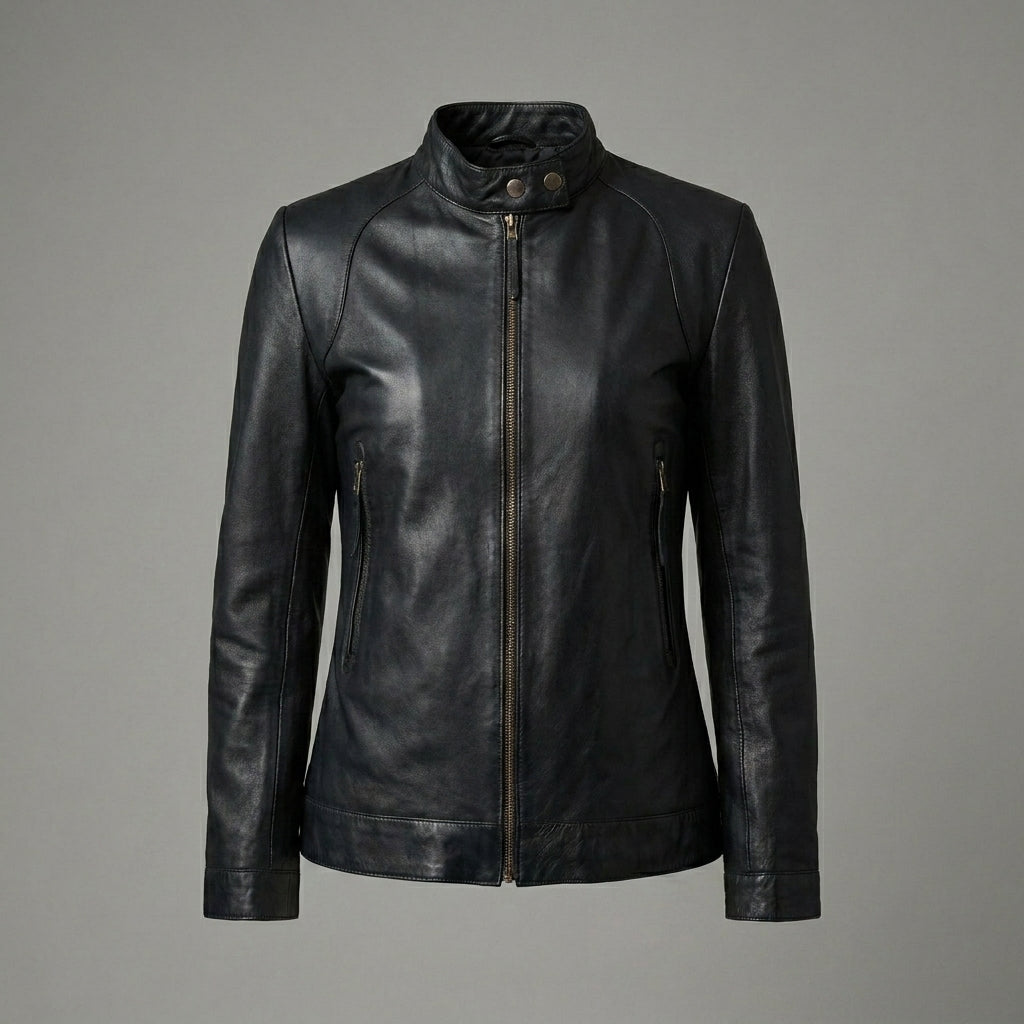 Women's Black Band Collar Premium Leather Biker Jacket
